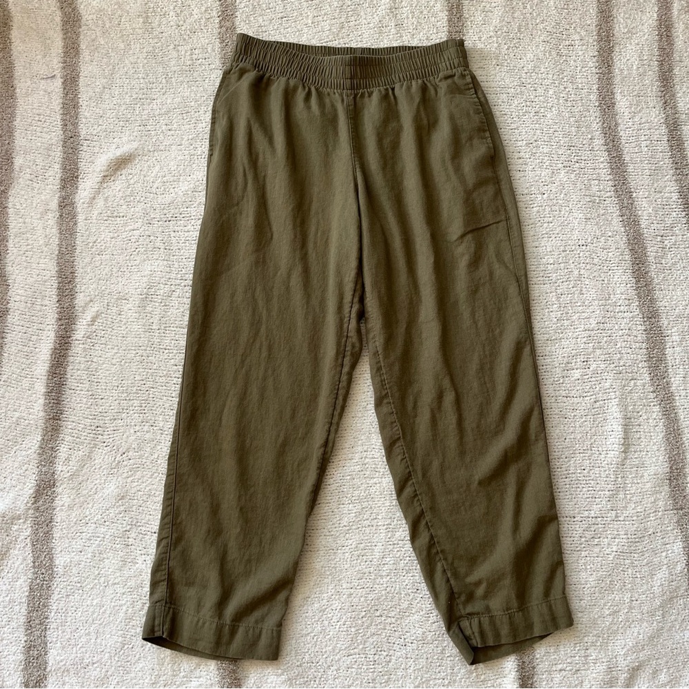 olive green high-waisted straight leg linen pants